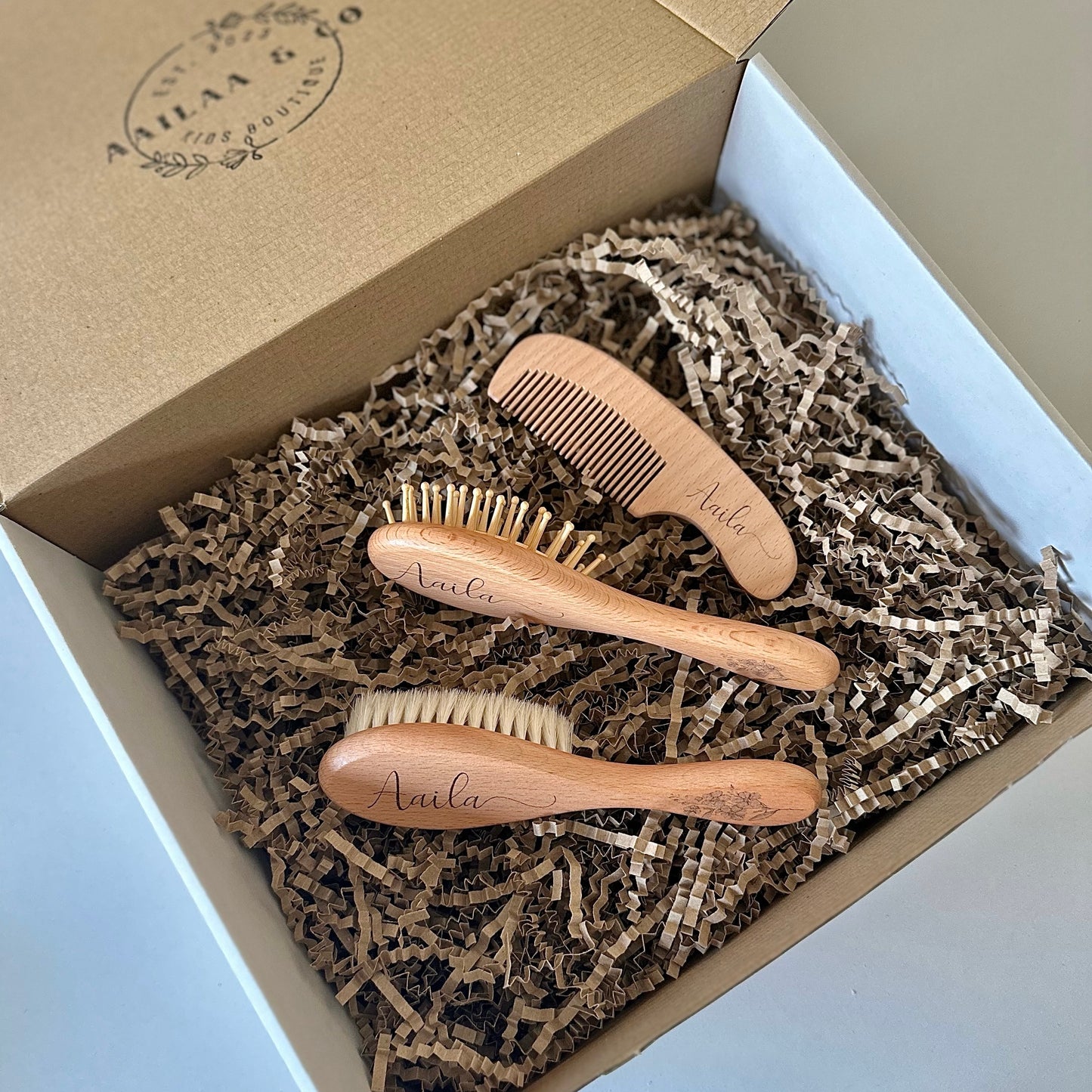 Natural Beechwood Hair Brush & Comb Set | Personalised